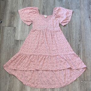 Umgee Pink Floral smocked floral midi dress size medium open back Easter spring